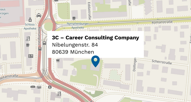 Eine Landkarte von München mit der Adresse der 3C Career Consulting Company in der Mitte